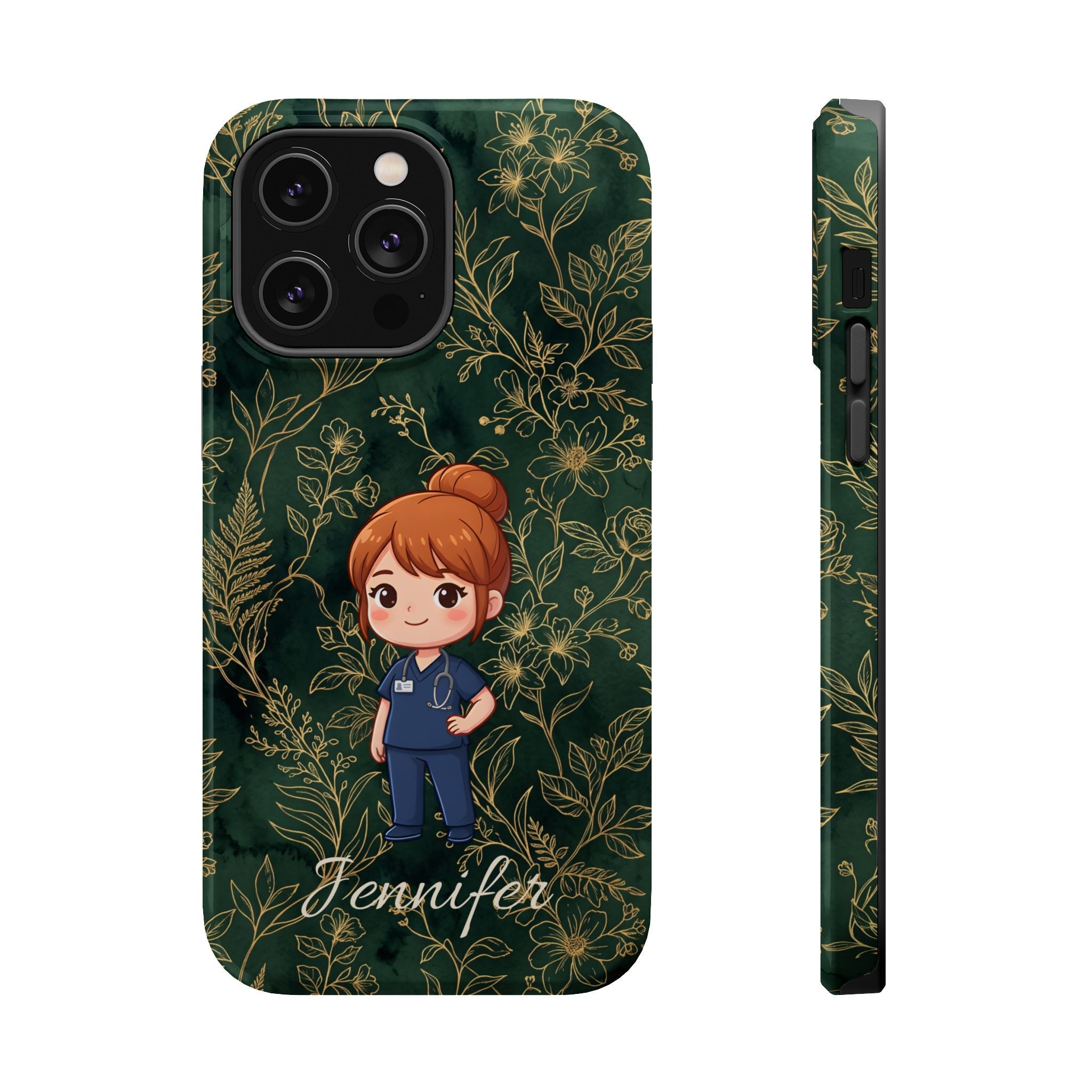 Personalized Nurse Botanical Phone Case — Impact-Resistant Wireless Charging Cover