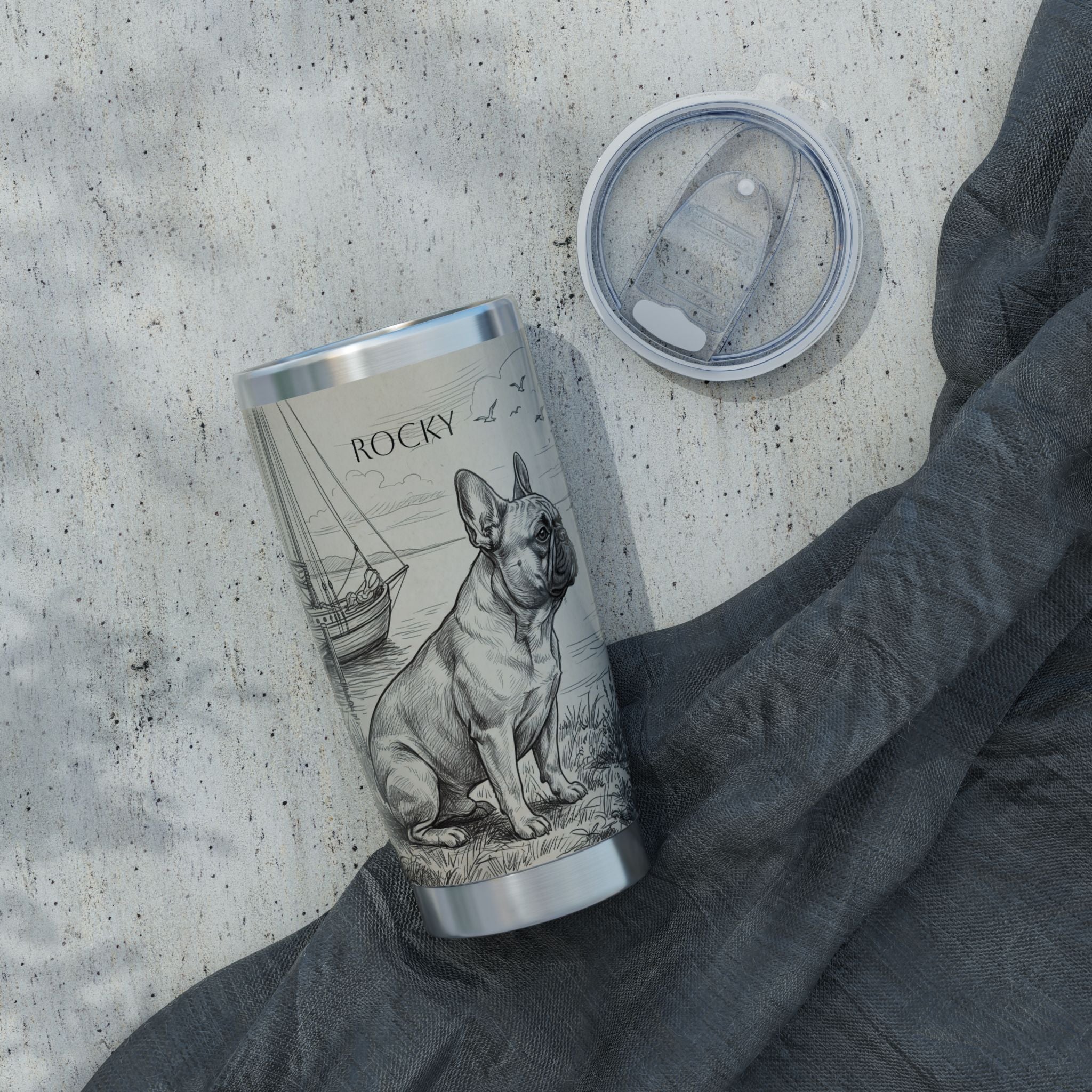 Nautical Frenchie Stainless Tumbler — 20 oz Personalized Travel Mug with Sailboat Harbour Design