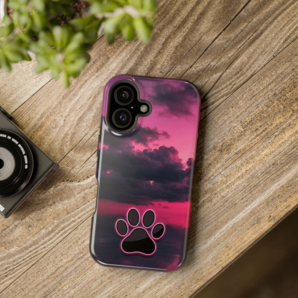 iPhone & Samsung Magnetic Impact-Resistant Phone Case — Pink Twilight Cloud with Paw Print