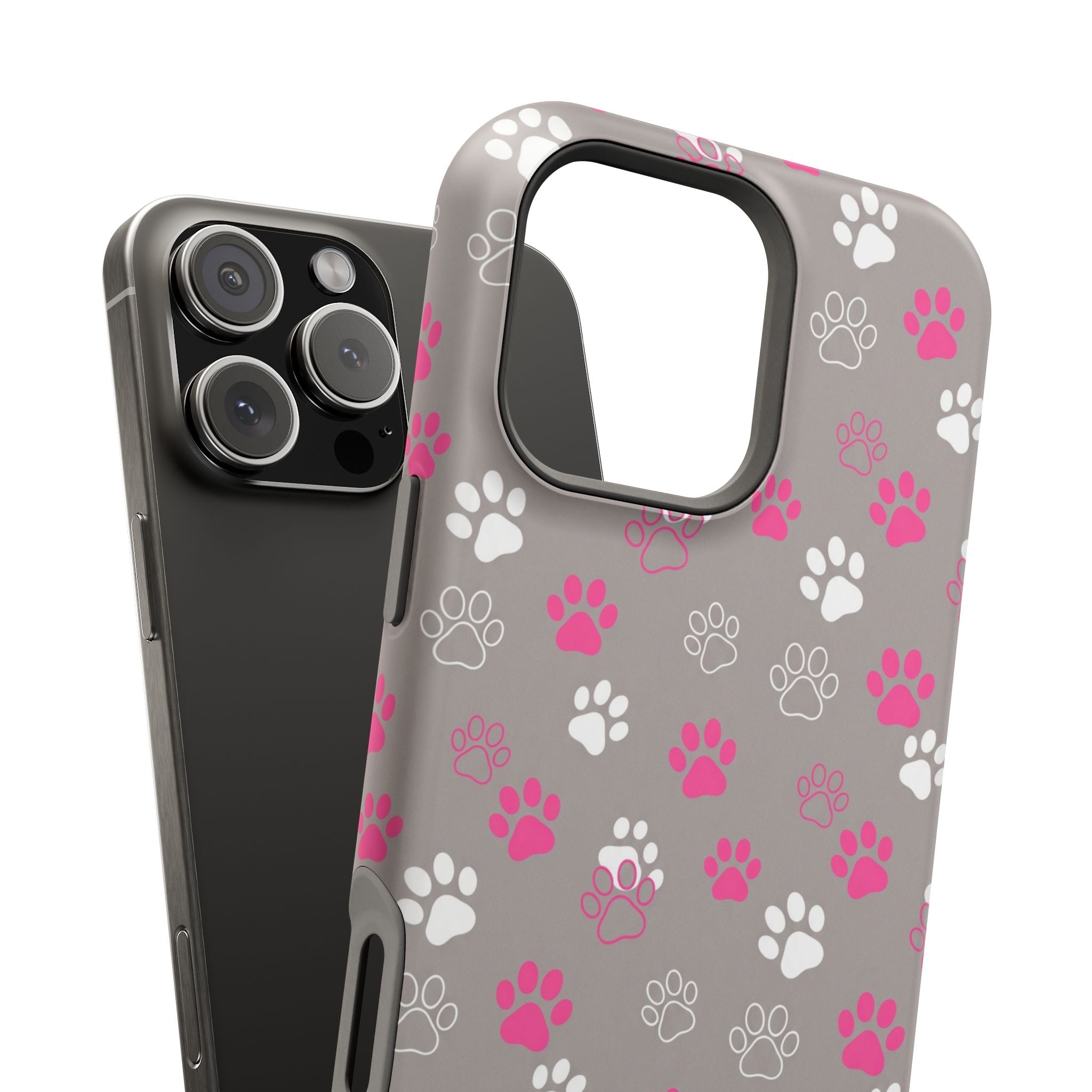 Pink & White Paw Print Phone Case — Impact-Resistant Wireless Charging Cover