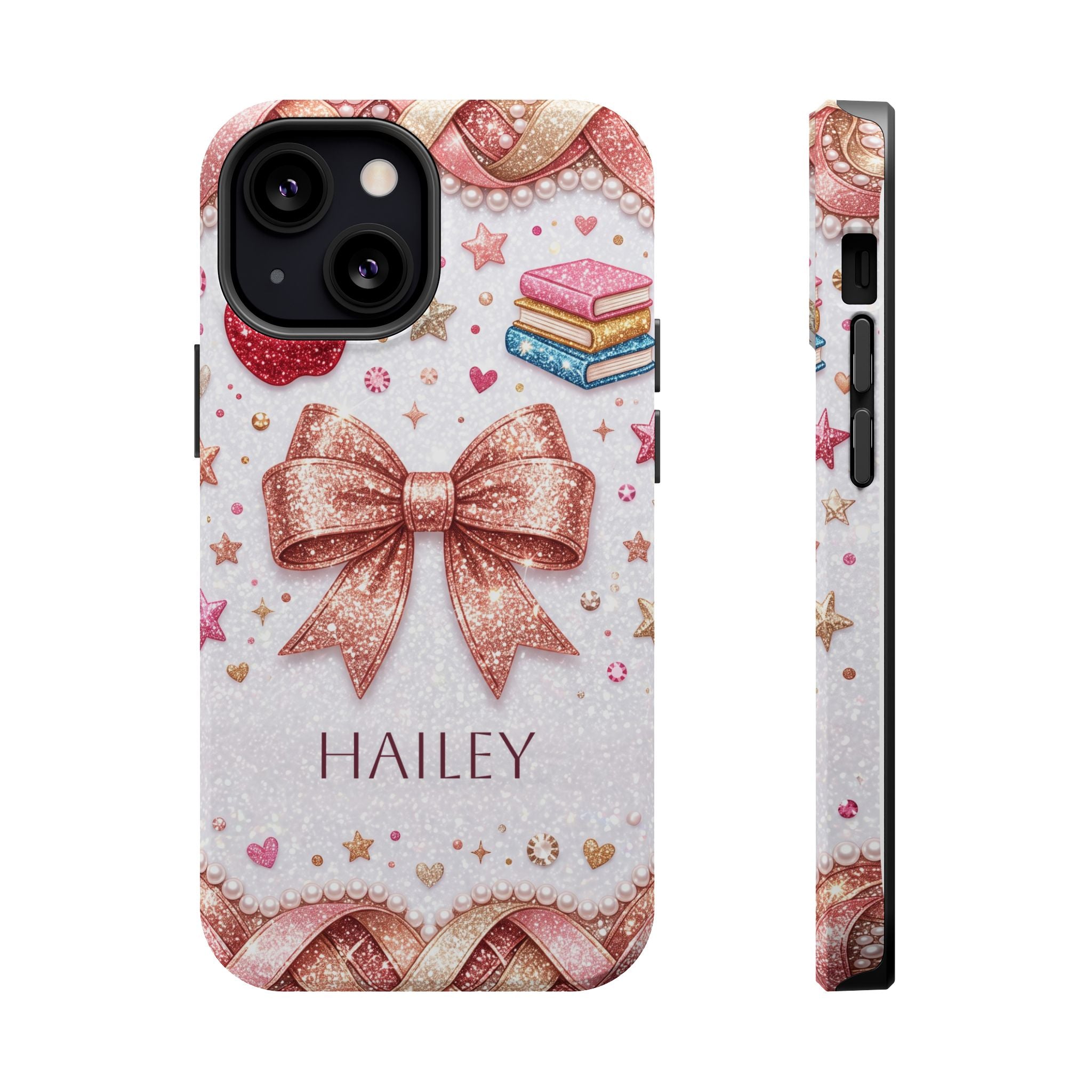 Rose Gold Glitter Bow Personalized Teacher Phone Case — Wireless Charging Cover