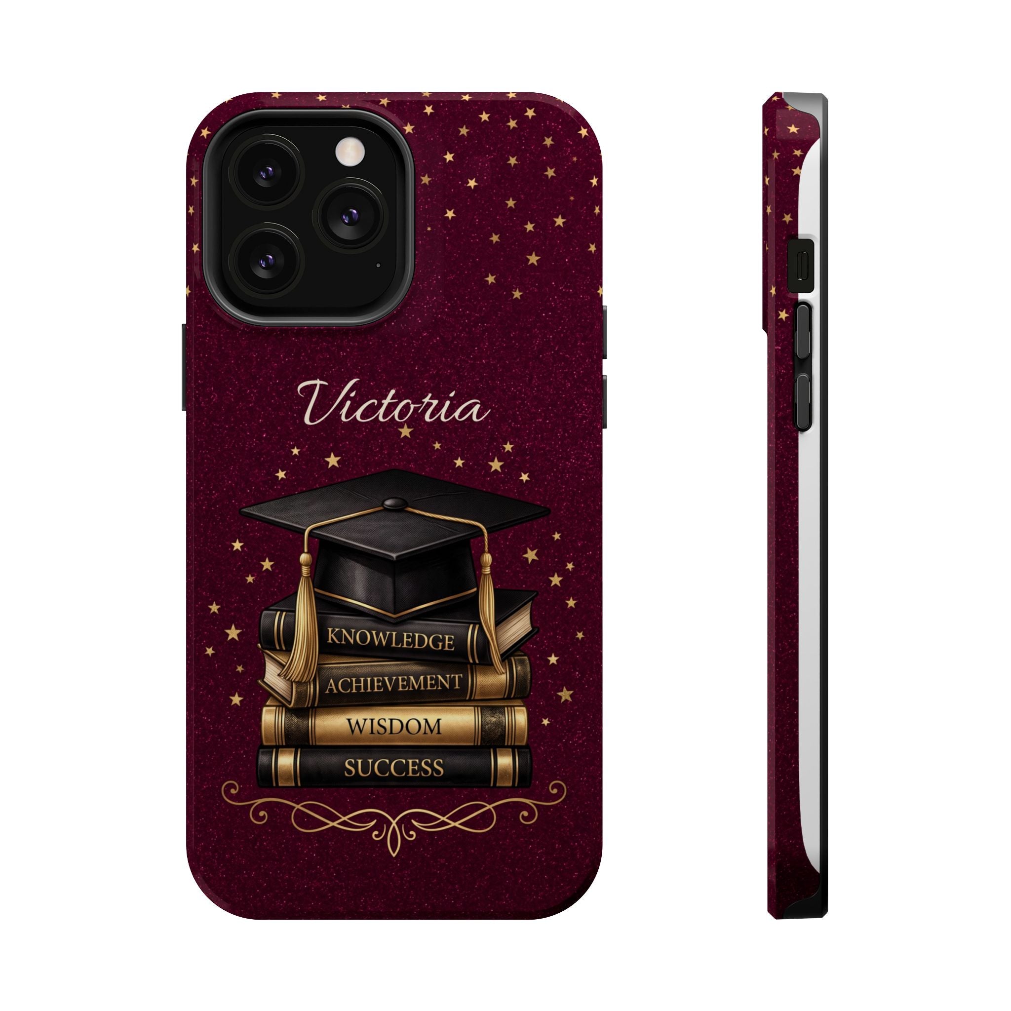 Graduation Cap & Books Personalized Teacher Phone Case — Wireless Charging Cover