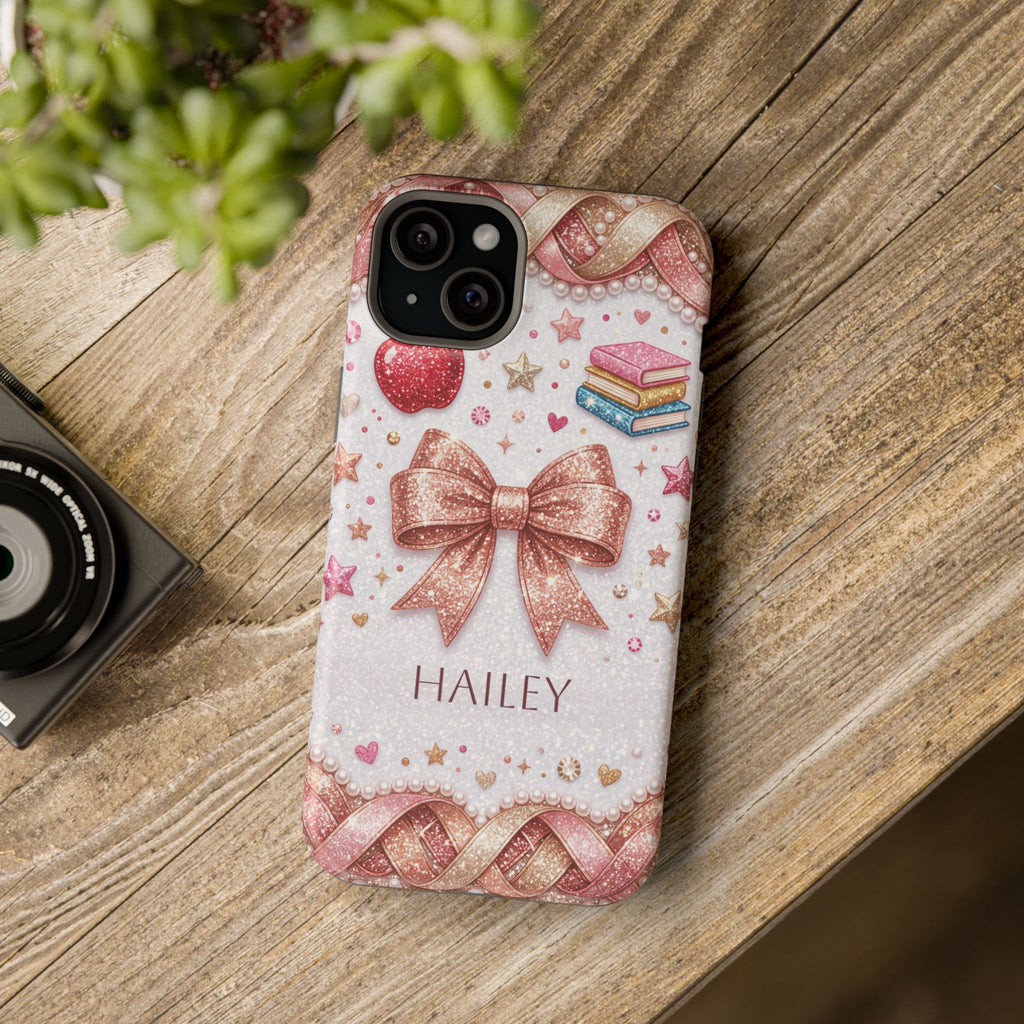 Rose Gold Glitter Bow Personalized Teacher Phone Case — Wireless Charging Cover