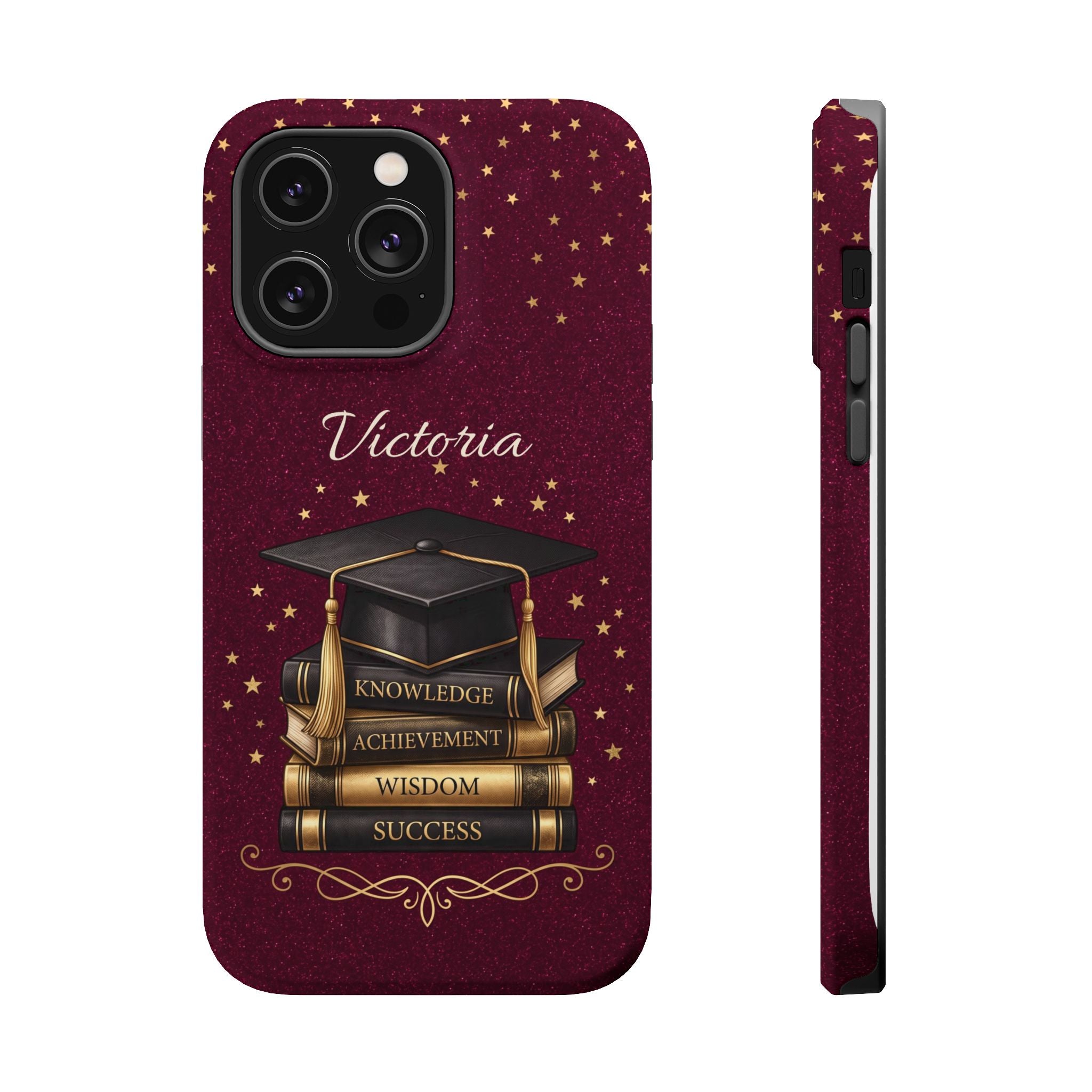 Graduation Cap & Books Personalized Teacher Phone Case — Wireless Charging Cover