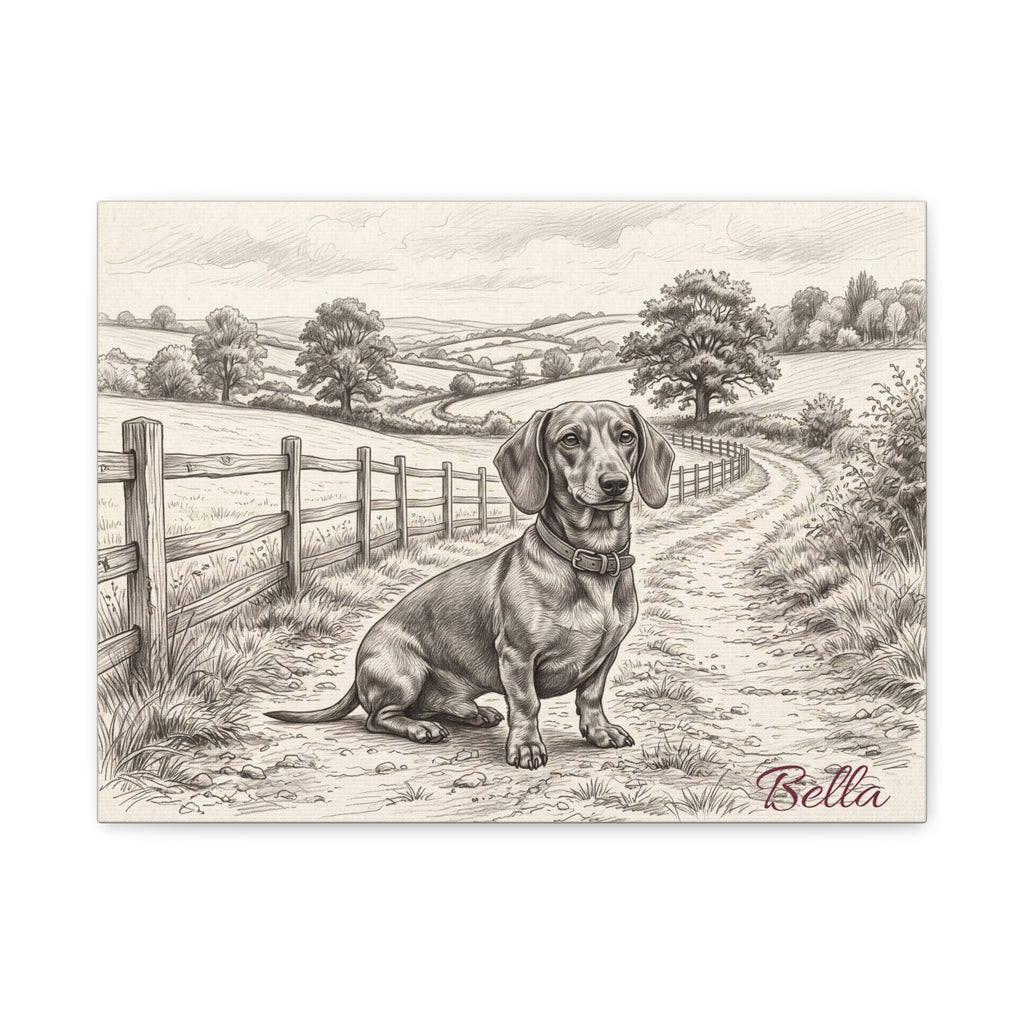 Dachshund Countryside Sketch Personalized Canvas | Rustic Farm Path Wall Art