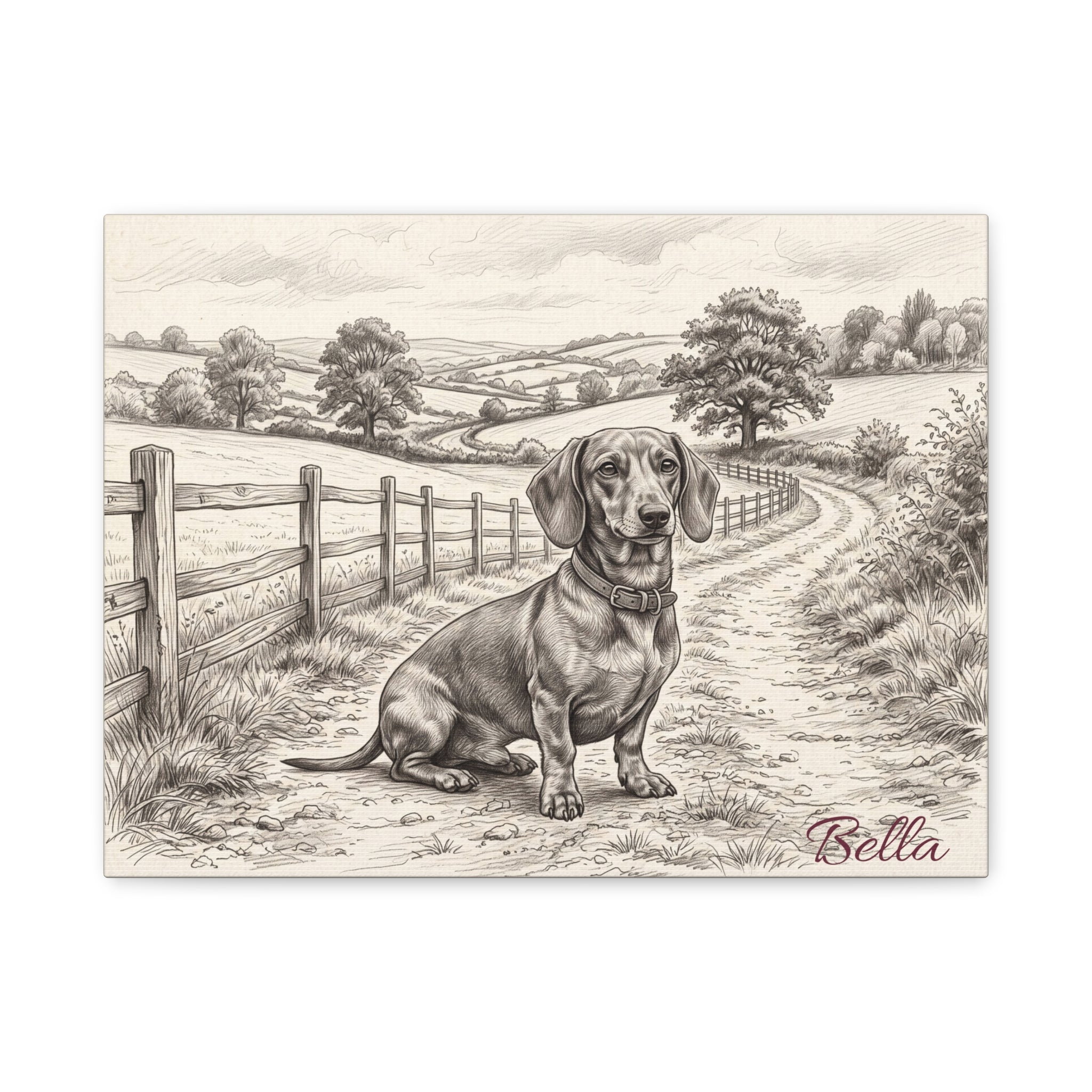 Dachshund Countryside Sketch Personalized Canvas | Rustic Farm Path Wall Art