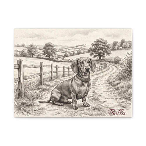 Dachshund Countryside Sketch Personalized Canvas | Rustic Farm Path Wall Art