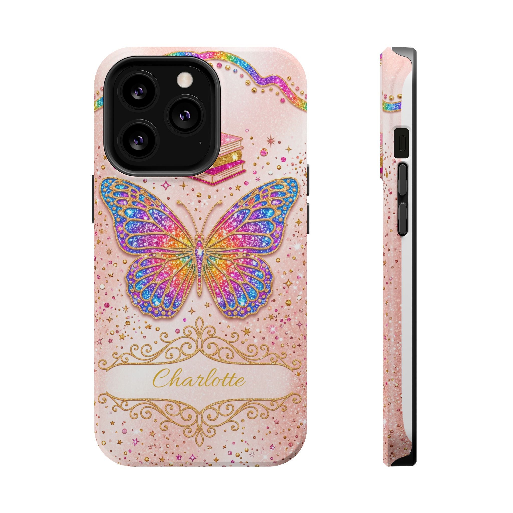 Blush Glitter Butterfly Personalized Teacher Phone Case — Wireless Charging Cover