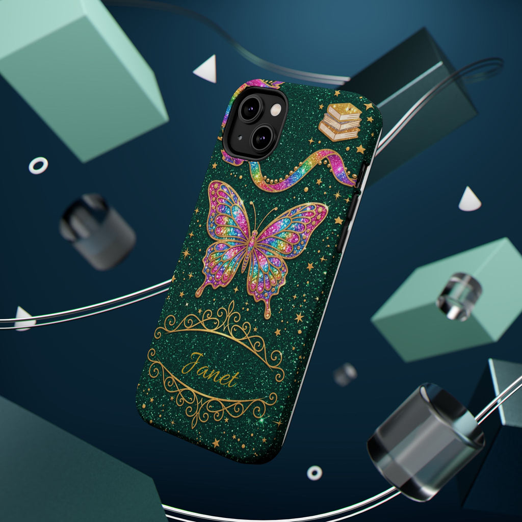 Rainbow Glitter Butterfly Personalized Teacher Phone Case — Wireless Charging Cover