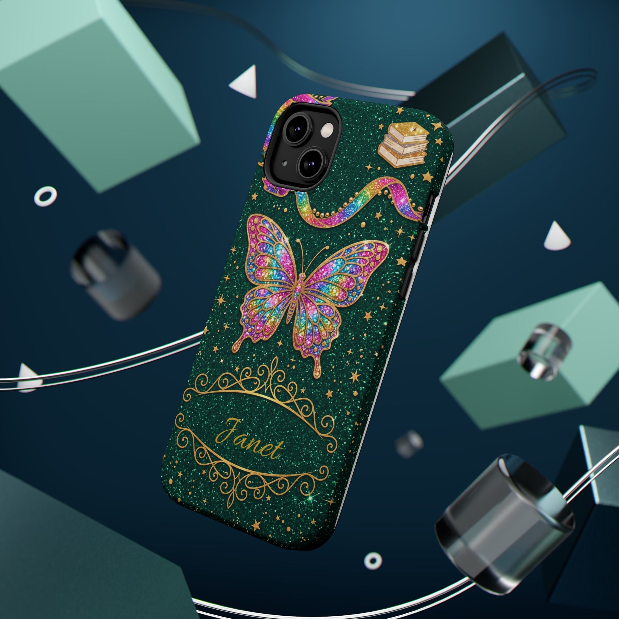 Rainbow Glitter Butterfly Personalized Teacher Phone Case — Wireless Charging Cover