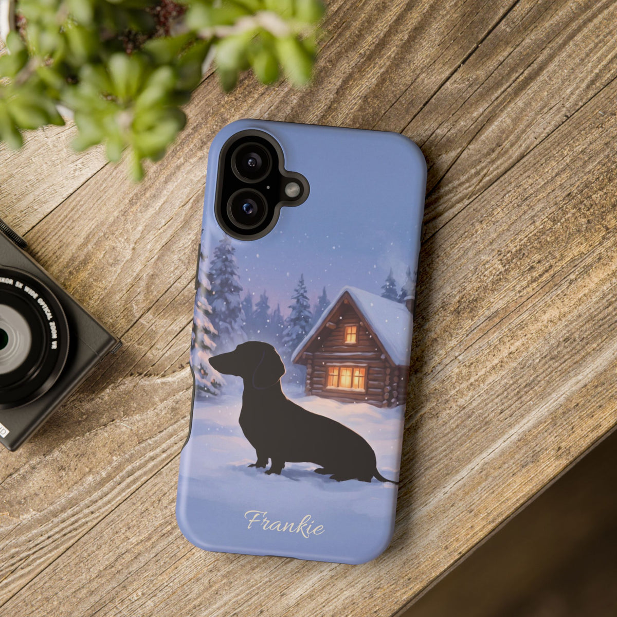 Personalized Dachshund Winter Cabin Phone Case — Wireless Charging Cover