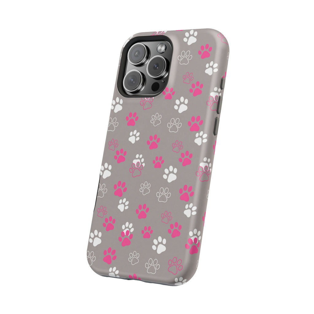 Pink & White Paw Print Phone Case — Impact-Resistant Wireless Charging Cover