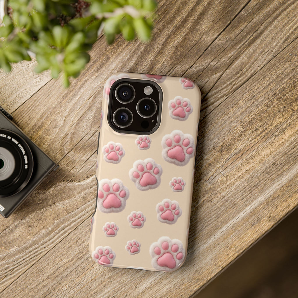 Pink Paw Print Phone Case — Impact-Resistant Wireless Charging Cover