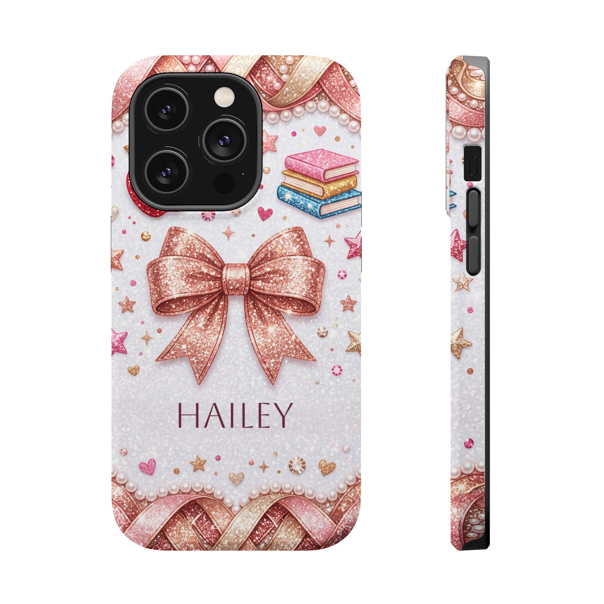 Rose Gold Glitter Bow Personalized Teacher Phone Case — Wireless Charging Cover