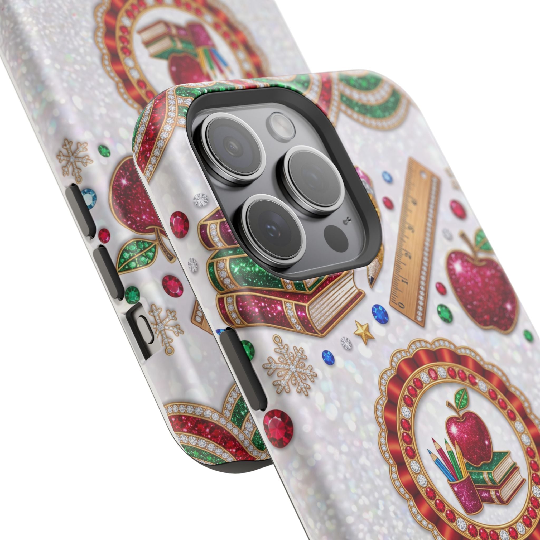 Jeweled Apple Medallion Personalized Teacher Phone Case — Wireless Charging Cover