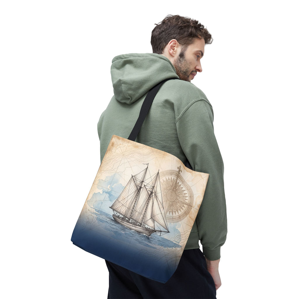 Vintage Schooner Tote Bag – Antique Nautical Map Compass Beach Bag