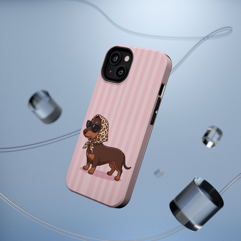 Glam Dachshund Phone Case | Cute Sausage Dog in Leopard Scarf & Sunglasses | Pink Stripe Case for iPhone & Samsung