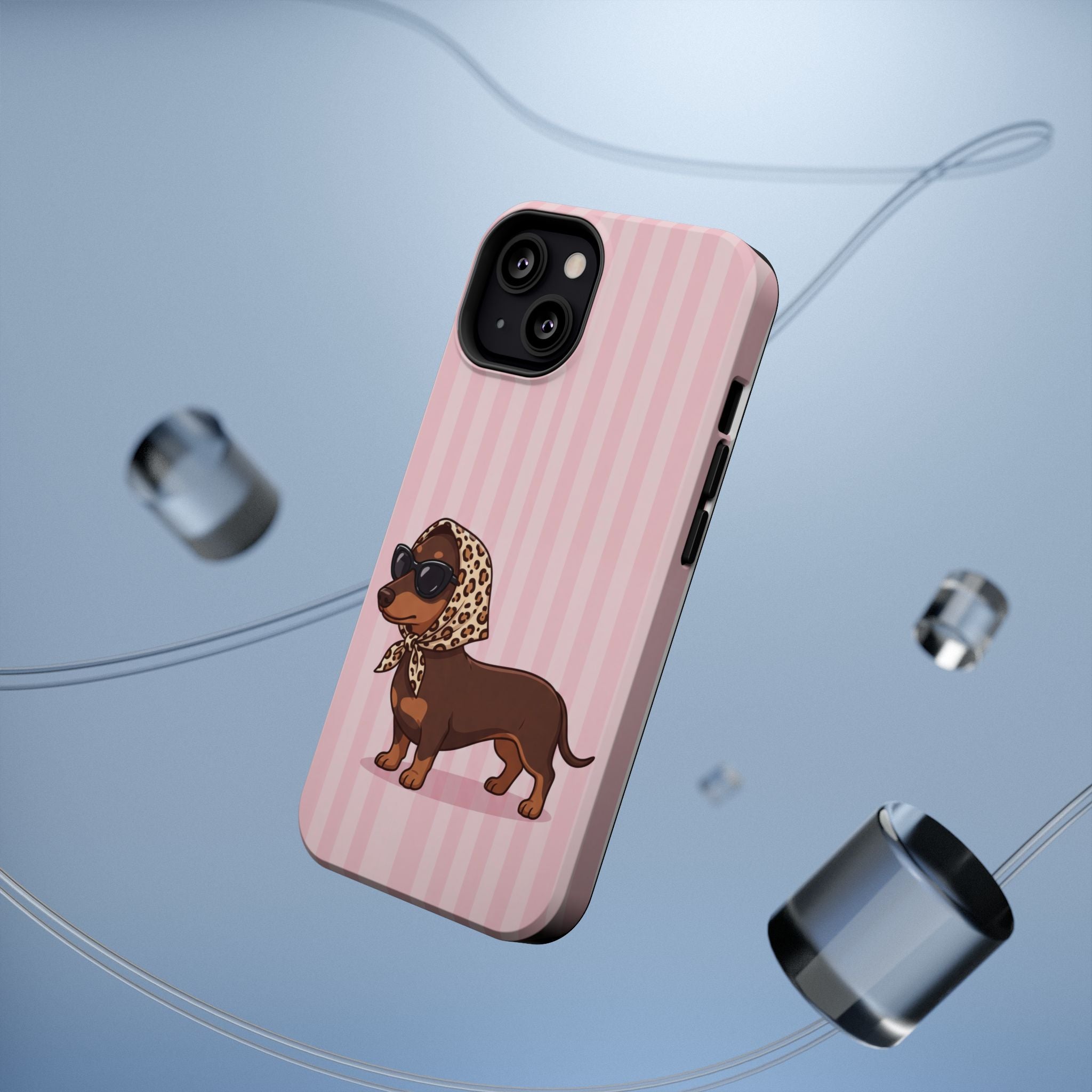 Glam Dachshund Phone Case | Cute Sausage Dog in Leopard Scarf & Sunglasses | Pink Stripe Case for iPhone & Samsung