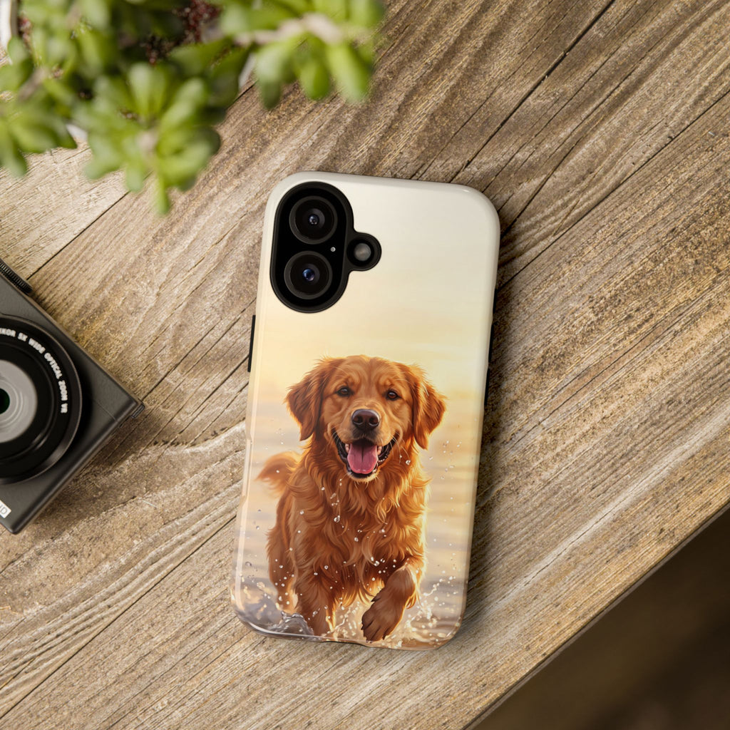Golden Retriever Splashing in Water Phone Case | Joyful Dog at Golden Hour | iPhone & Samsung