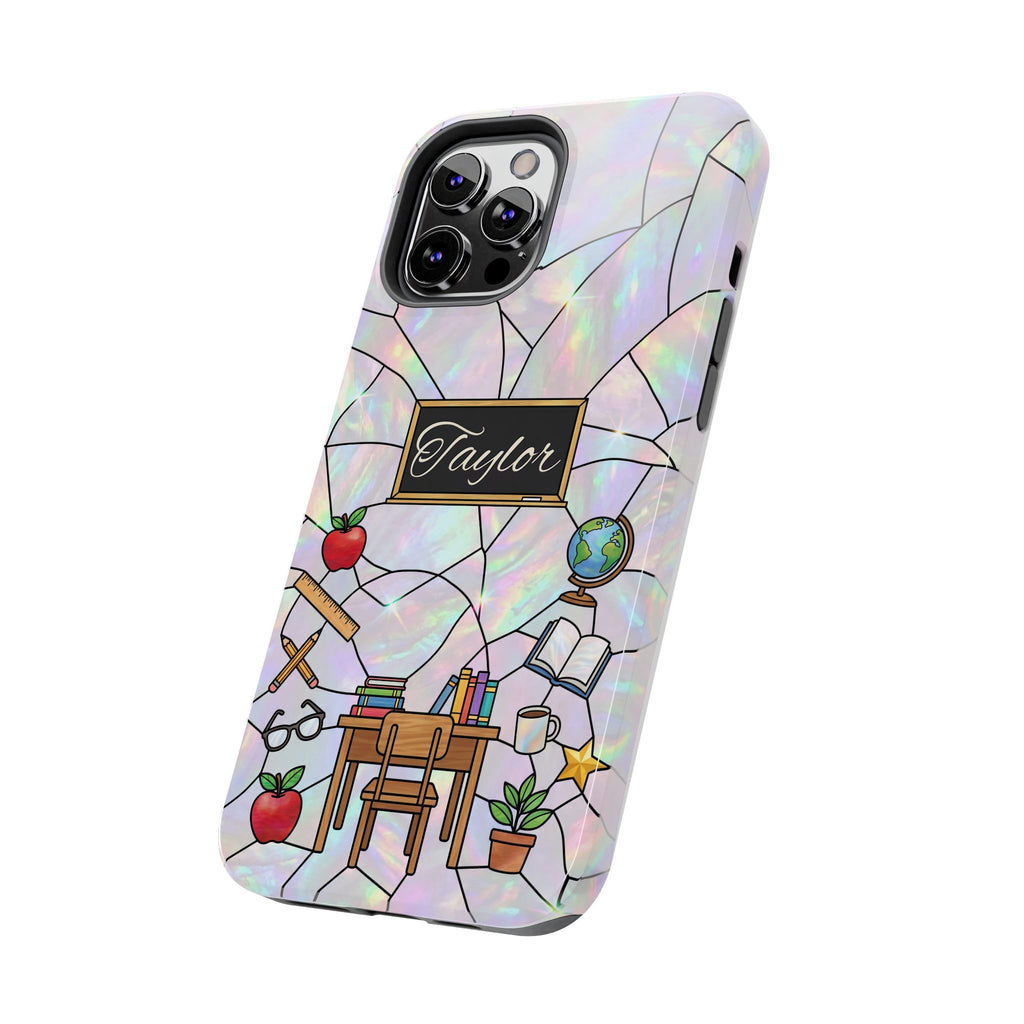Personalized Teacher Phone Case — Custom Name Stained Glass Classroom Design
