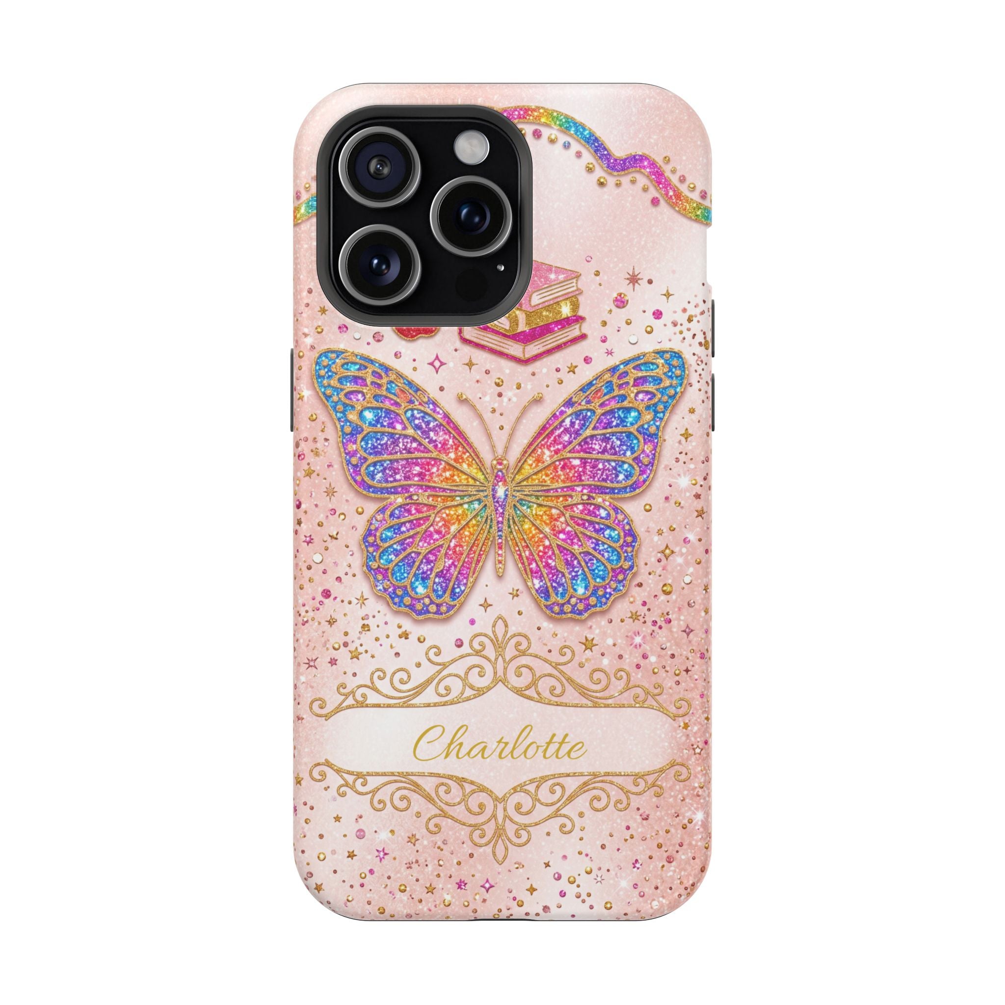 Blush Glitter Butterfly Personalized Teacher Phone Case — Wireless Charging Cover