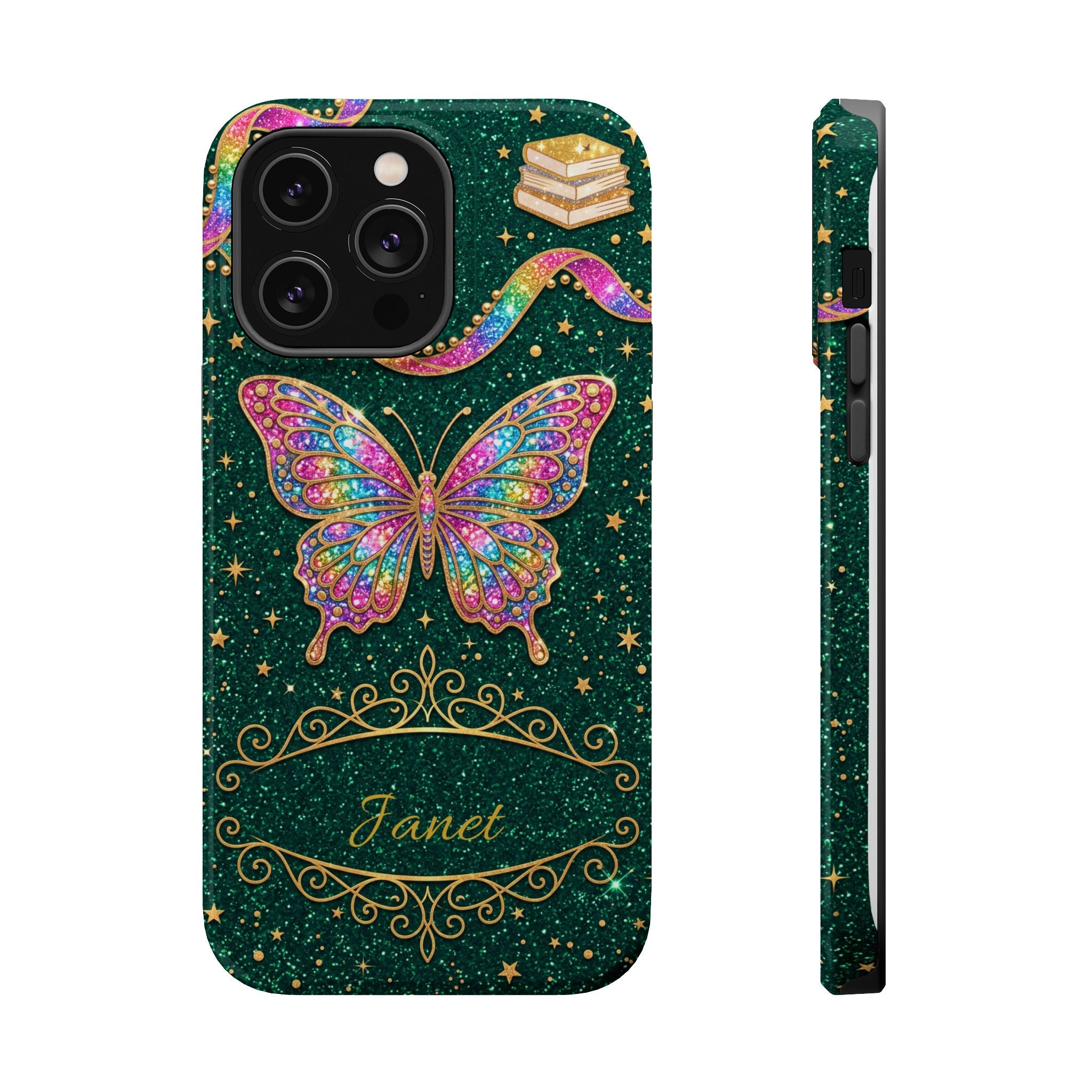 Rainbow Glitter Butterfly Personalized Teacher Phone Case — Wireless Charging Cover