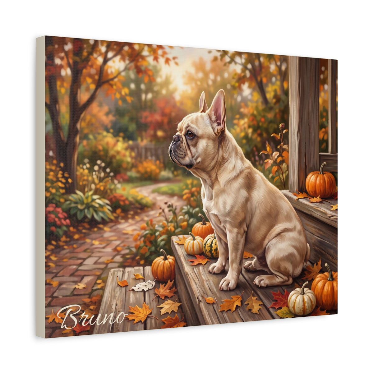 French Bulldog Personalized Canvas | Cream Frenchie Autumn Porch Pumpkin Wall Art
