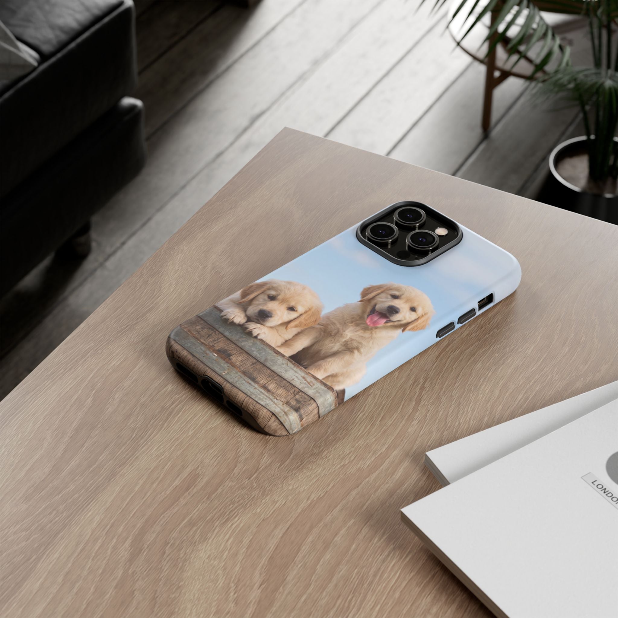 Golden Retriever Puppies on Barrel Phone Case | Cute Duo Under Blue Sky | iPhone & Samsung