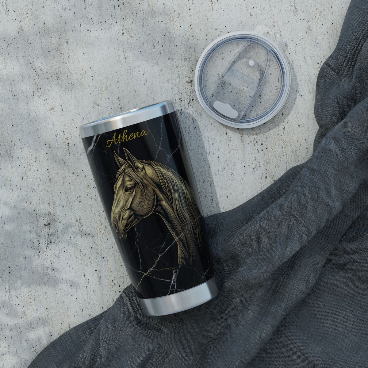 Horse Personalized Tumbler | Gold Engraved Marble Art — 20 oz Stainless Travel Mug