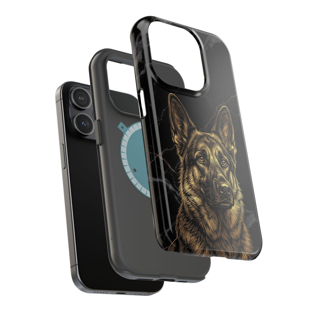 German Shepherd Phone Case | Black Marble Gold Sketch Art — Tough Magnetic Case with Wireless Charging