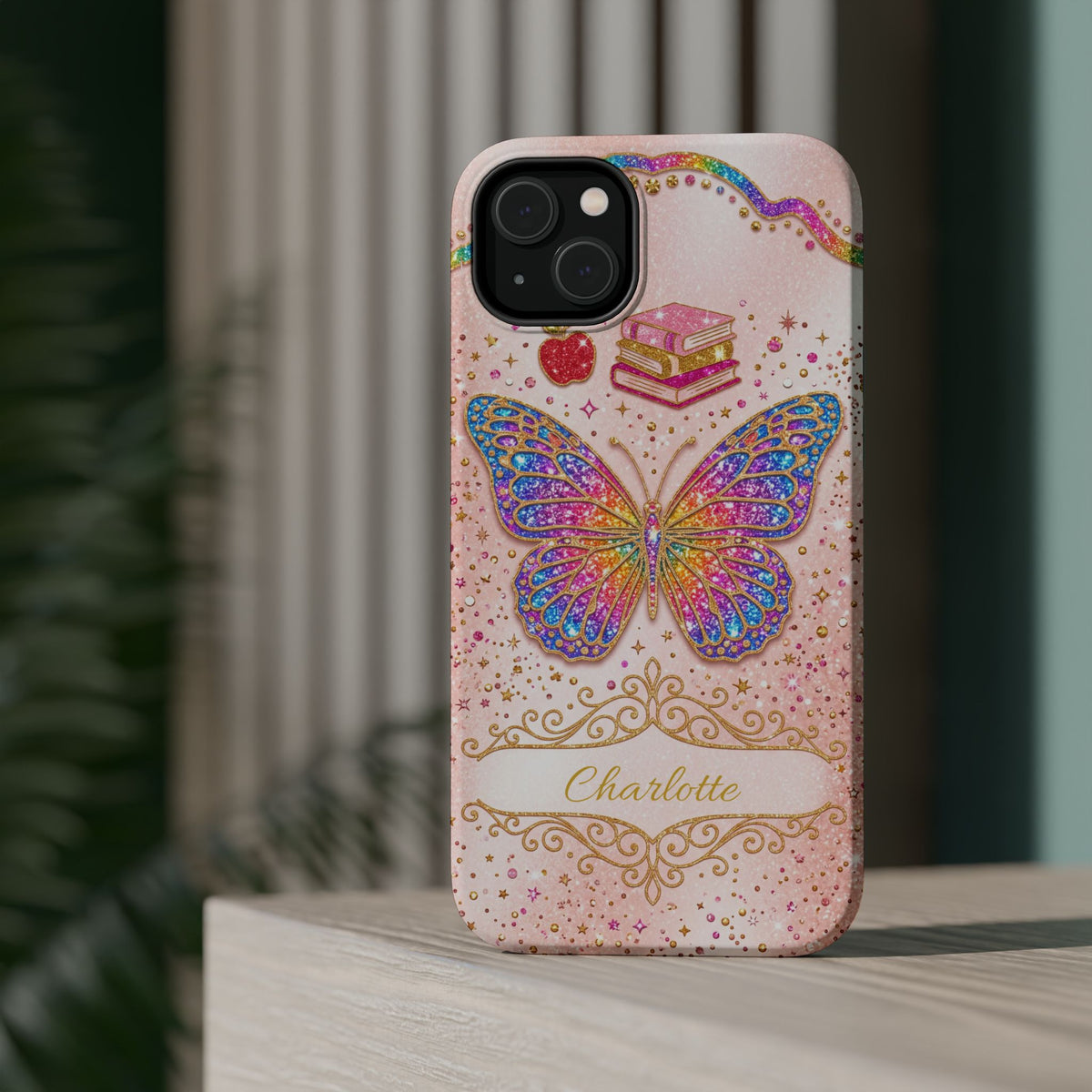 Blush Glitter Butterfly Personalized Teacher Phone Case — Wireless Charging Cover