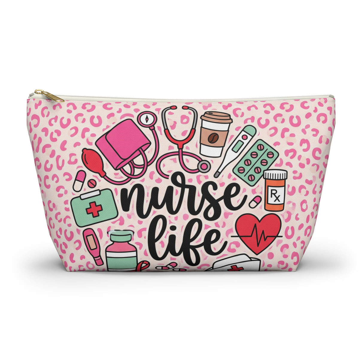Nurse Life Pink Leopard Accessory Pouch — T-Bottom Zipper Bag