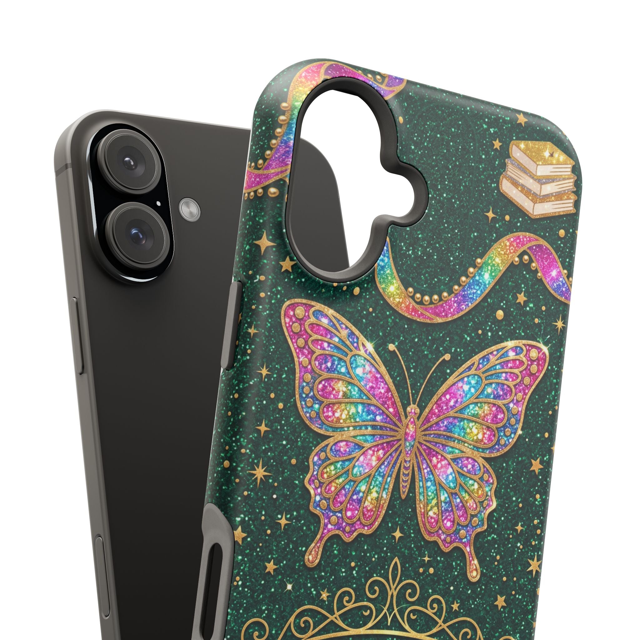 Rainbow Glitter Butterfly Personalized Teacher Phone Case — Wireless Charging Cover
