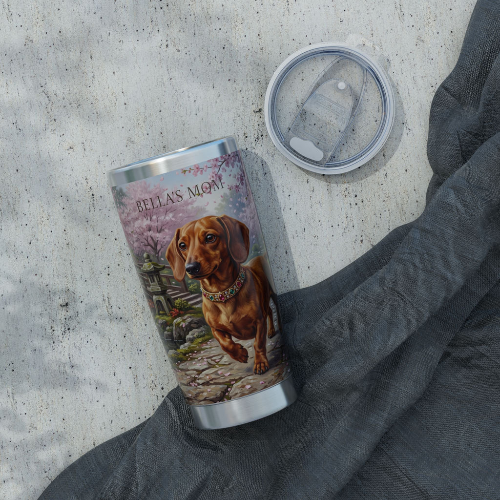 Dachshund Cherry Blossom Stainless Tumbler — 20 oz Personalized Travel Mug with Japanese Garden Design