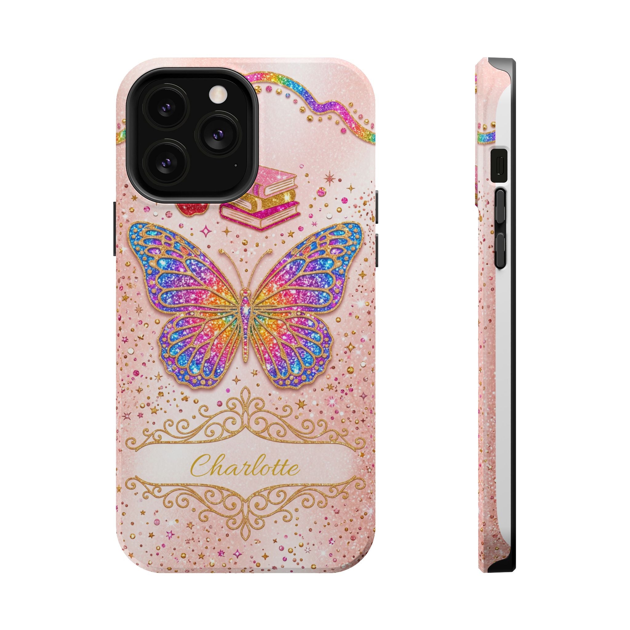 Blush Glitter Butterfly Personalized Teacher Phone Case — Wireless Charging Cover
