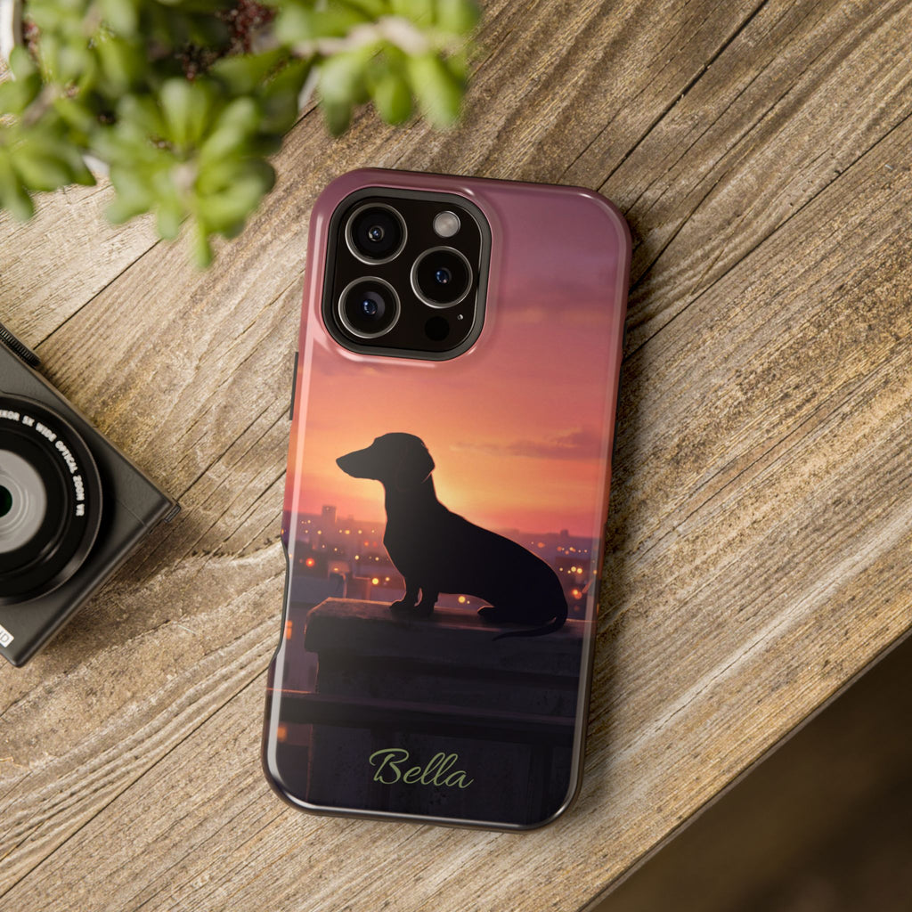 Personalized Dachshund Rooftop Sunset Phone Case — Wireless Charging Cover