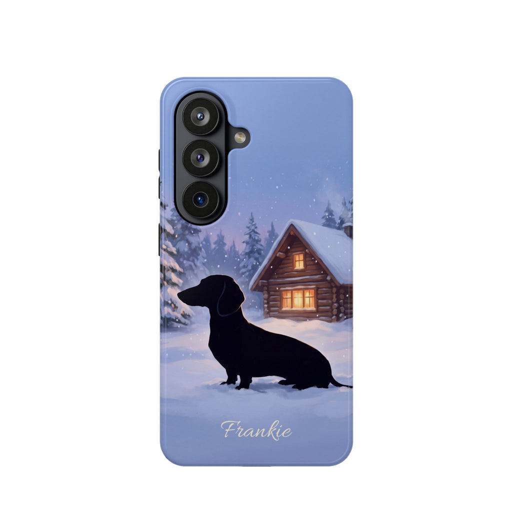Personalized Dachshund Winter Cabin Phone Case — Wireless Charging Cover