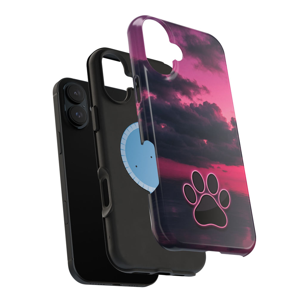 iPhone & Samsung Magnetic Impact-Resistant Phone Case — Pink Twilight Cloud with Paw Print