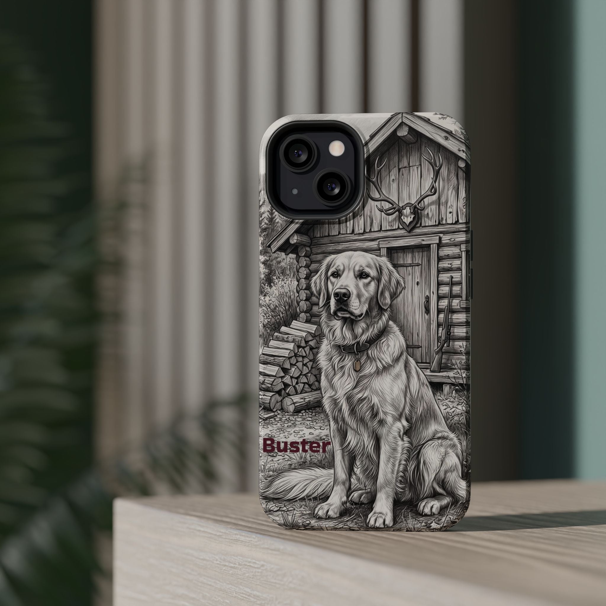 Personalized Golden Retriever Cabin Porch Phone Case — Wireless Charging Cover