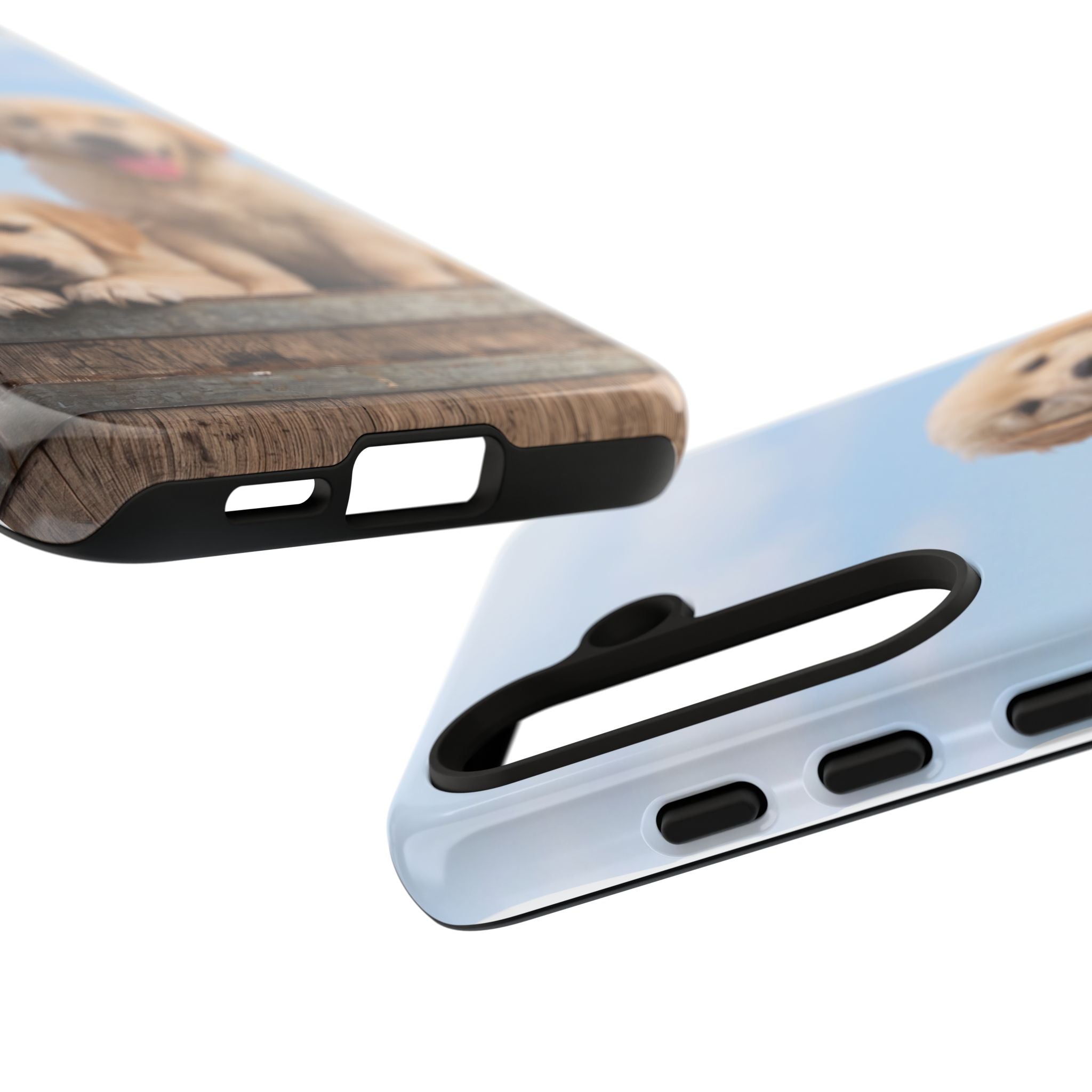 Golden Retriever Puppies on Barrel Phone Case | Cute Duo Under Blue Sky | iPhone & Samsung