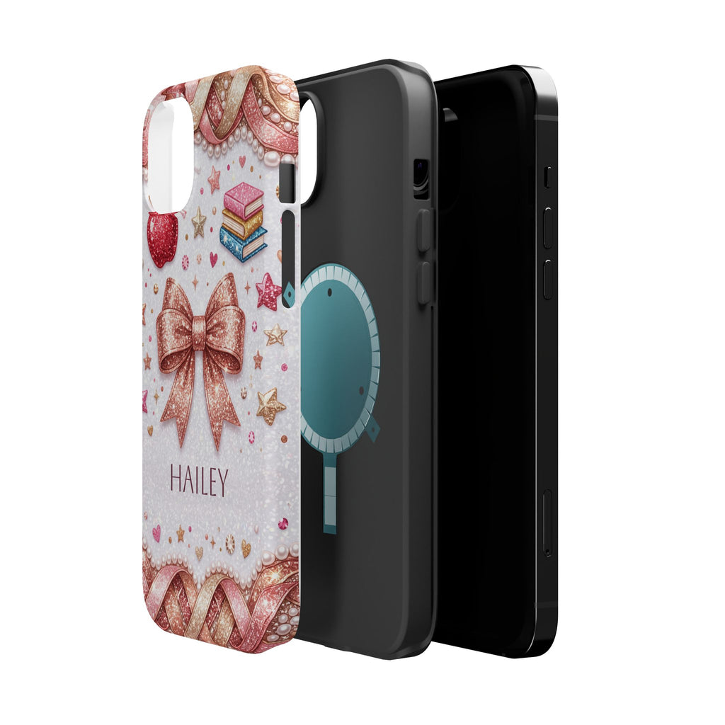 Rose Gold Glitter Bow Personalized Teacher Phone Case — Wireless Charging Cover