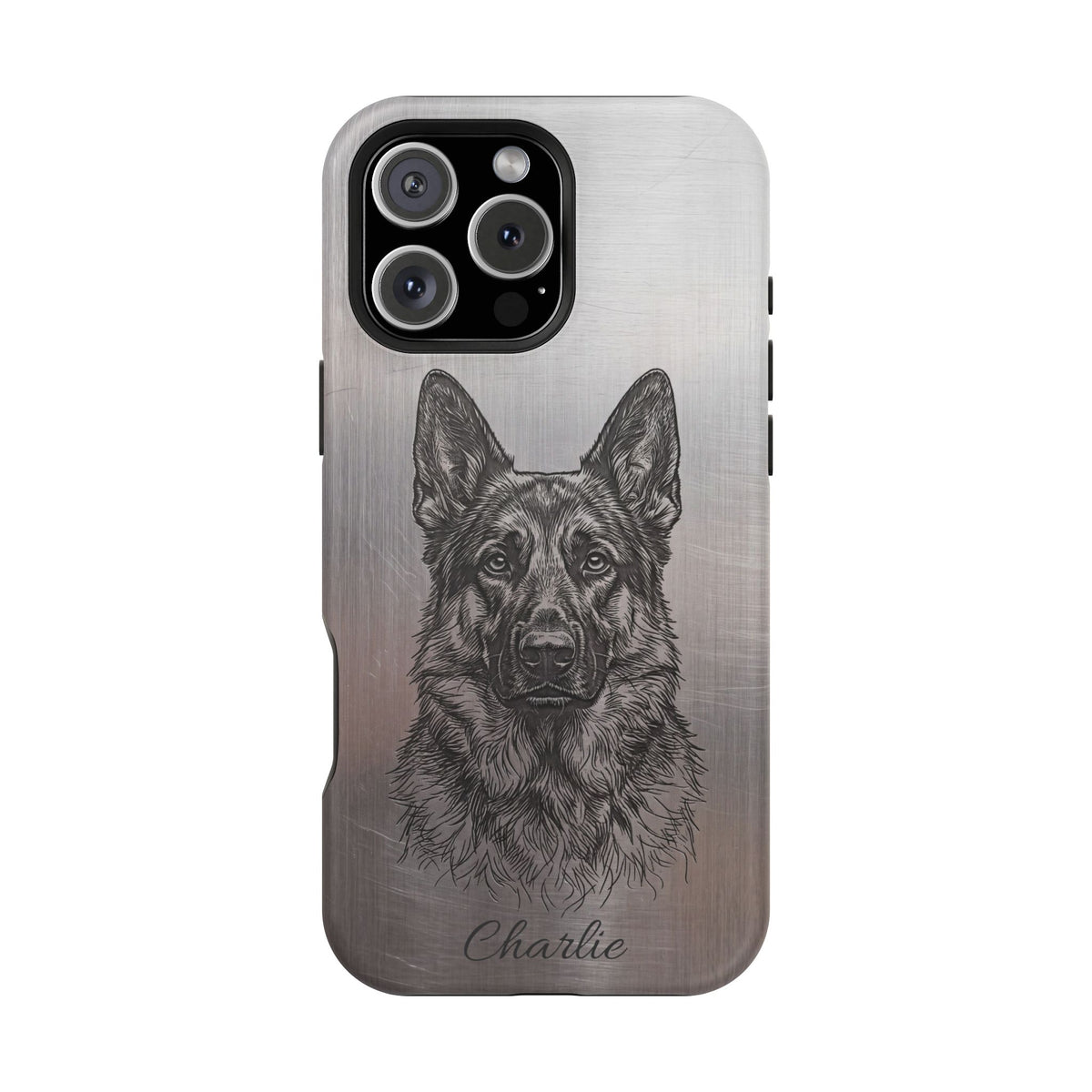 German Shepherd Phone Case | Personalized Etched Silver Art — Tough Magnetic Case with Wireless Charging