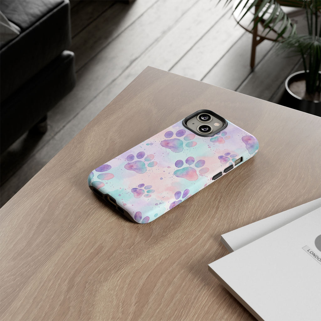 Watercolor Paw Print Phone Case | Pastel Purple, Teal & Pink Artistic Pattern | Samsung & iPhone
