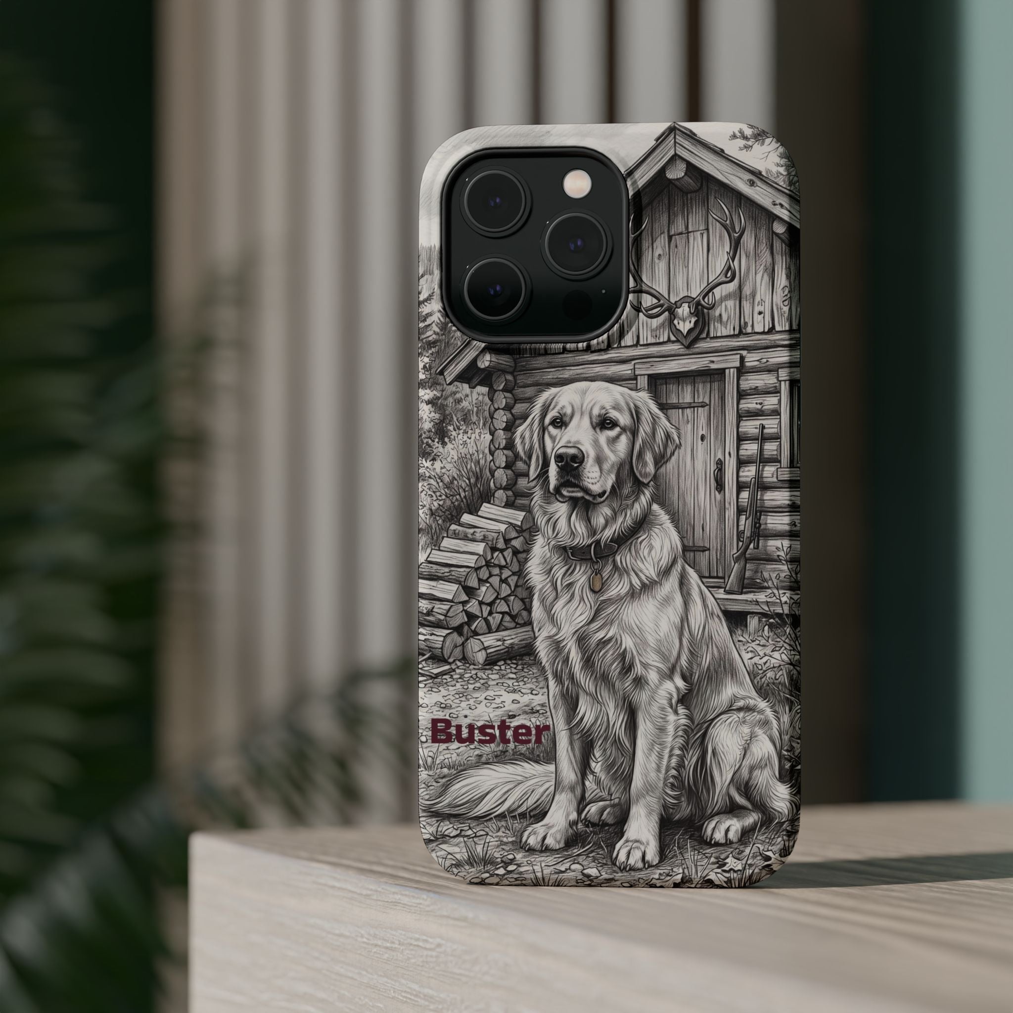 Personalized Golden Retriever Cabin Porch Phone Case — Wireless Charging Cover