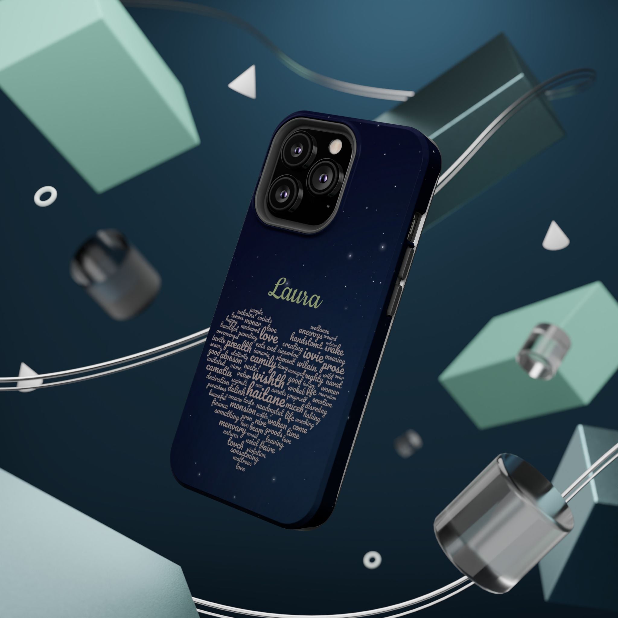 Personalized Teacher Heart Word Art Phone Case — Navy Wireless Charging Cover