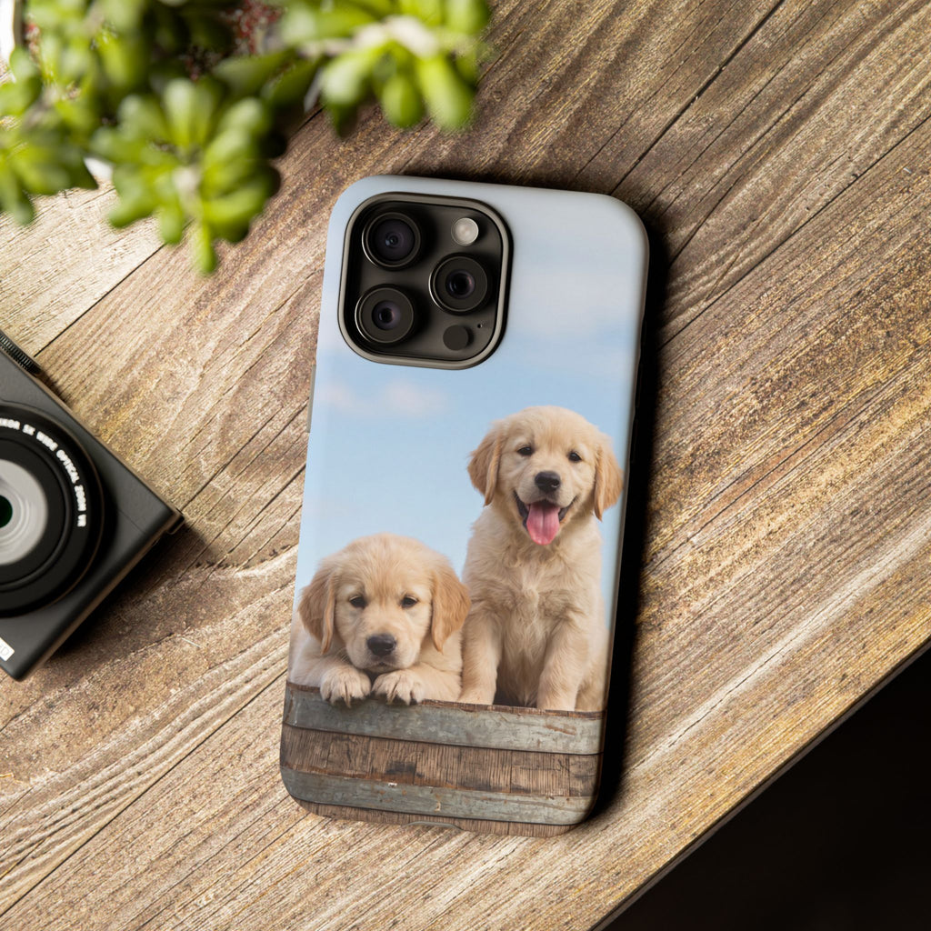 Golden Retriever Puppies on Barrel Phone Case | Cute Duo Under Blue Sky | iPhone & Samsung