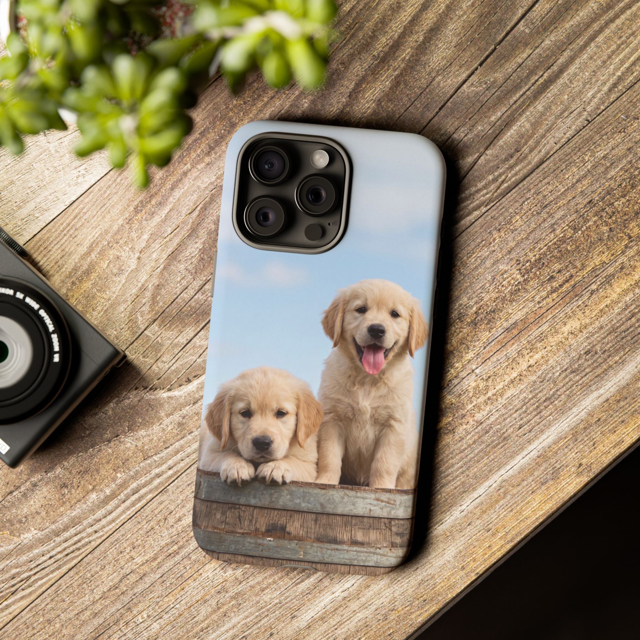 Golden Retriever Puppies on Barrel Phone Case | Cute Duo Under Blue Sky | iPhone & Samsung