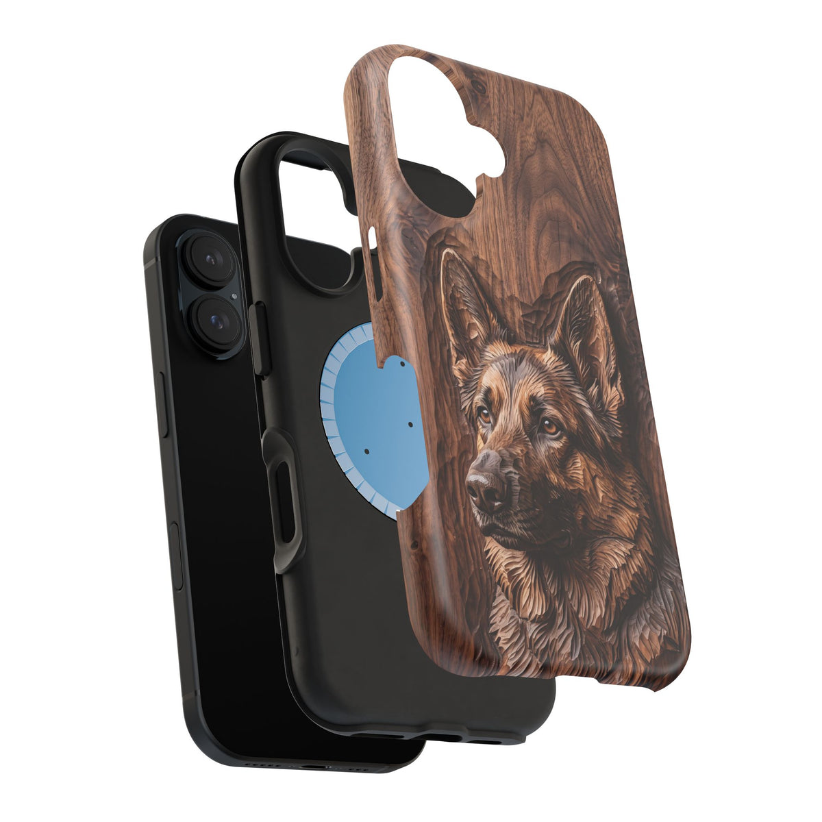 German Shepherd Phone Case | Carved Walnut Art — Tough Magnetic Case with Wireless Charging