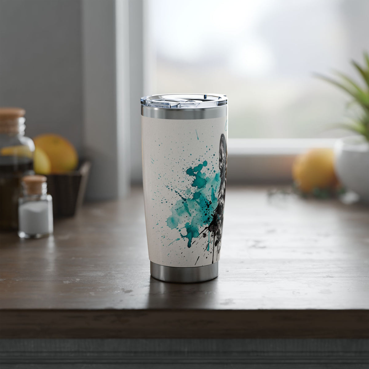 German Shepherd Personalized Tumbler | Turquoise Ink Splash Art — 20 oz Stainless Travel Mug