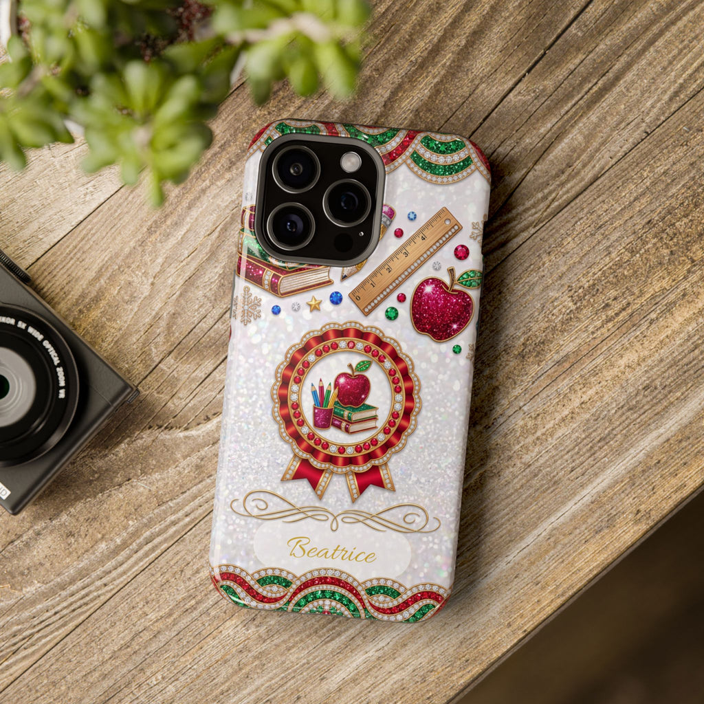Jeweled Apple Medallion Personalized Teacher Phone Case — Wireless Charging Cover